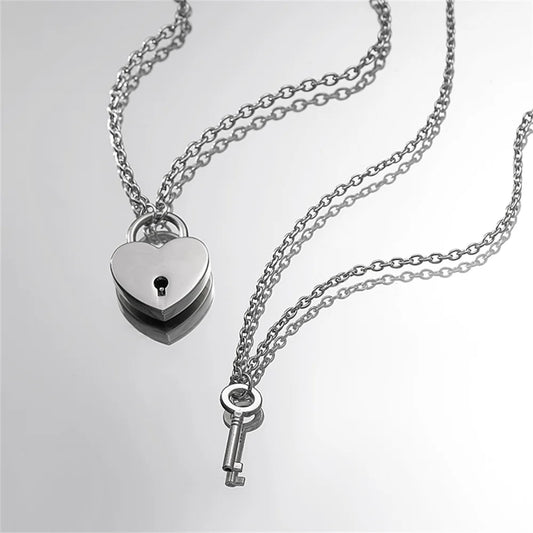 2pcs Stainless Steel Love Key Lock Couple Necklace for Women Men Heart Shaped Key Lock Link Chain Eternal Love Jewelry Gifts